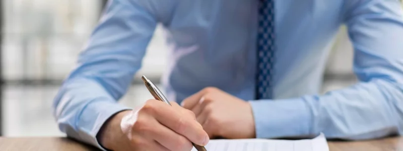Entrepreneur pointant avec un stylo les factures payées et impayées.