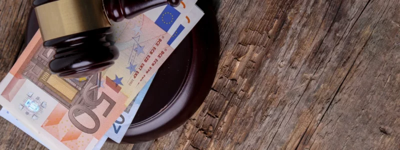 Billets de banque en euros coincés sous un marteau de juge.